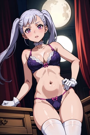 1girl, alone, pink eyes, two pigtails, long hair, silver hair, bangs, eyelashes, choker, purple lingerie, underwear, bra, thong, bridal gloves, thigh-high stockings, cleavage, medium breasts, Noelle, best quality, masterpiece, great detail, beautiful, from below.