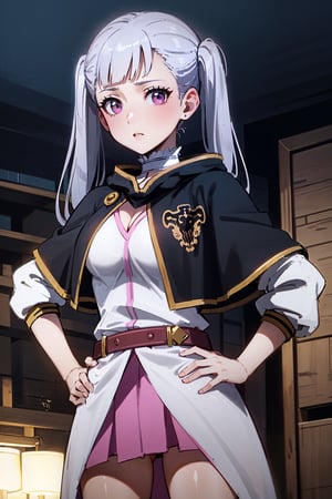 1girl, alone,  pink eyes,  twintails ,  long hair,   silver hair,  bangs,  eyelashes ,capelet, choker, belt, skirt, long sleeves, separate sleeves,miniskirt, white dress, frills,  neckline, medium breasts  ,Noelle,best quality, masterpiece, high detail, beautiful, standing, hands on hips., 