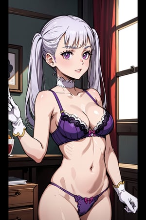 1girl, alone, pink eyes, two pigtails, long hair, silver hair, bangs, eyelashes, choker, purple lingerie, underwear, bra, thong, bridal gloves, thigh-high stockings, cleavage, medium breasts, Noelle, best quality, masterpiece, great detail, beautiful, from aboves.