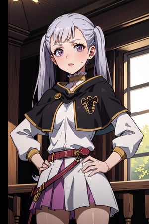 1girl, alone,  pink eyes,  twintails ,  long hair,   silver hair,  bangs,  eyelashes ,capelet, choker, belt, skirt, long sleeves, separate sleeves,miniskirt, white dress, frills,  neckline, medium breasts  ,Noelle,best quality, masterpiece, high detail, beautiful, standing, hands on hips., 