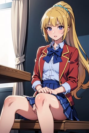  1girl,alone ,long hair, bangs, blunt bangs, purple eyes, blonde hair, shirt, hair ornament, ponytail, scrunchie, blue scrunchie, skirt, shirt, bow, school uniform, jacket, red jacket, pleated skirt, bowtie, sweater, blue bow, blue shirt , White skirt ,masterpiece, best quality, beautiful and very detailed,cote_sakayanagi,cote_kei.,kei karuizawa