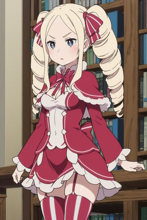 1 girl, adult woman, alone, blonde hair, long hair, twin drills, side locks, V-shaped eyebrows, blue eyes, symbol-shaped pupils, medium breasts, hair ribbon, pink bow, cape with decorations fur, red cape, dress, ruffled dress, red dress, bow, ribbon, long sleeves, separate sleeves, wide sleeves, ruffles, thigh high stockings, striped stockings, neckline, library