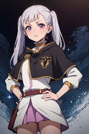 1girl, alone,  pink eyes,  twintails ,  long hair,   silver hair,  bangs,  eyelashes ,capelet, choker, belt, skirt, long sleeves, separate sleeves,miniskirt, white dress, frills,  neckline,Noelle,best quality, masterpiece, high detail, beautiful, standing, hands on hips., 