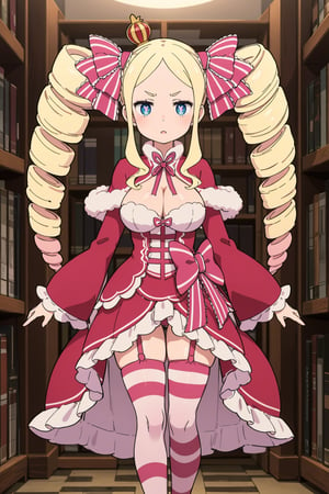 1 girl, adult woman, alone, blonde hair, long hair, twin drills, side locks, V-shaped eyebrows, blue eyes, symbol-shaped pupils, large breasts, hair ribbon, pink bow, cape with decorations fur, red cape, dress, ruffled dress, red dress, bow, ribbon, long sleeves, separate sleeves, wide sleeves, ruffles, thigh high stockings, striped stockings, neckline, library