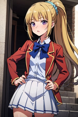  1girl,alone ,long hair, bangs, blunt bangs, purple eyes, blonde hair, shirt, hair ornament, ponytail, scrunchie, blue scrunchie, skirt, shirt, bow, school uniform, jacket, red jacket, pleated skirt, bowtie, sweater, blue bow, blue shirt , White skirt ,masterpiece, best quality, beautiful and very detailed,cote_sakayanagi,cote_kei.,kei karuizawa