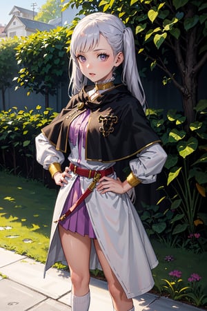 1girl, alone,  pink eyes,  twintails ,  long hair,   silver hair,  bangs,  eyelashes ,capelet, choker, belt, skirt, long sleeves, separate sleeves,miniskirt, white dress, frills ,Noelle,best quality, masterpiece, high detail, beautiful, standing, hands on hips.