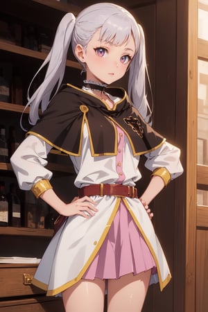 1girl, alone,  pink eyes,  twintails ,  long hair,   silver hair,  bangs,  eyelashes ,capelet, choker, belt, skirt, long sleeves, separate sleeves,miniskirt, white dress, frills,  neckline,Noelle,best quality, masterpiece, high detail, beautiful, standing, hands on hips., 