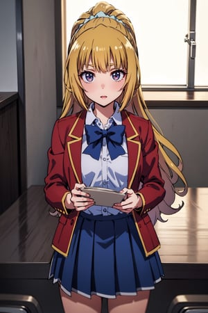  1girl,alone ,long hair, bangs, blunt bangs, purple eyes, blonde hair, shirt, hair ornament, ponytail, scrunchie, blue scrunchie, skirt, shirt, bow, school uniform, jacket, red jacket, pleated skirt, bowtie, sweater, blue bow, blue shirt ,masterpiece, best quality, beautiful and very detailed,cote_sakayanagi,cote_kei,