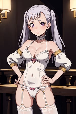 1girl, alone, pink eyes, two pigtails, long hair, silver hair, bangs, eyelashes, choker, white lingerie, underwear, separate sleeves, thigh-high stockings, cleavage, medium breasts, Noelle, best quality, masterpiece, great detail, beautiful, standing, hands on hips