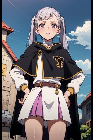 1girl, alone,  pink eyes,  twintails ,  long hair,   silver hair,  bangs,  eyelashes ,capelet, choker, belt, skirt, long sleeves, separate sleeves,miniskirt, white dress, frills,  neckline,Noelle,best quality, masterpiece, high detail, beautiful, standing, hands on hips., 