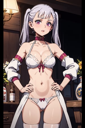 1girl, alone, pink eyes, two pigtails, long hair, silver hair, bangs, eyelashes, choker, white lingerie, underwear, separate sleeves, thigh-high stockings, cleavage, medium breasts, Noelle, best quality, masterpiece, great detail, beautiful, standing, hands on hips