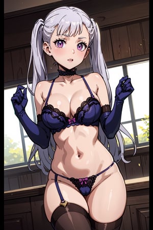 1girl, alone, pink eyes, two pigtails, long hair, silver hair, bangs, eyelashes, choker, purple lingerie, underwear, bra, thong, bridal gloves, thigh-high stockings, cleavage, medium breasts, Noelle, best quality, masterpiece, great detail, beautiful, from aboves.