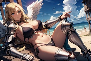 two angel girls, large breasts, focus on breasts, sexy armor over lingerie, revealing armor, bikini armor, blonde hair, sky blue eyes