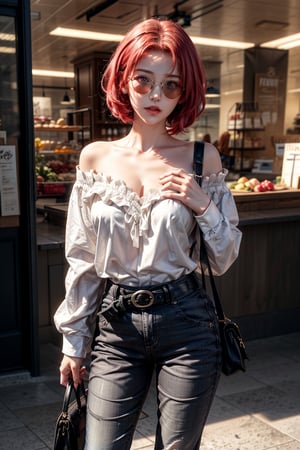 1girl realistic,white girl,photorealistic,animated view,teen girl,full body,16 years old,(beautiful detailed eyes),((best quality)),((highly detailed)),masterpiece,best quality,highres, gscg, ahoge, overalls, white shirt, hair is red, collarbone, off-shoulder, long sleeves, belt, pants, big breasts, cowgirl, cowboy shot, standing, fair and shiny skin, perfect body, (gradient black sunglasses, placed on the head), black leather bag, exposed thighs photo realistic, short hair, hair slicked back, high-end boutiques, department stores, American-style hypermarkets