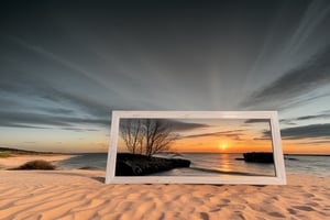 all in black and white, wooden frame, landscapes with sunset