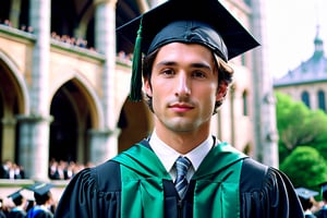 a italian student men, full body photografy, 26 years old, full natural lips, short black hair , shaved sides, green eyes, high cheekbones, (wide bulbous nose:1.4), (nose turned upward:1.4), slim, (traditional cap and gown), posing at graduation cerimony, sexy and alluring, muted colours, vaporwave aesthetics, (photorealistic:1.4), from above, well-lit, (shot on Hasselblad 500CM:1.4), Fujicolor Pro film, highest quality, detailed and intricate, original shot,detailmaster2,