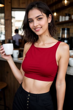 year old Italian women, with perfect figure, wearing red top and black pant, wet hair, green eyes, dark brown hair, short hair, smiling, perfect breast, in a coffee shop 