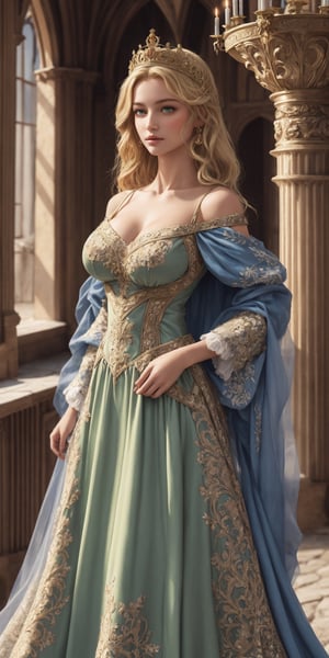 1 girl, beautiful 18 y.o. medieval girl, blonde hair:2, green eyes:1.4, long hair:2, photorealistic:1.4, big breasts:2, 16k, medieval dress:2, luxurious fabric, intricate embroidery, open-shoulder:1.5, posing inside a medieval castle, intricate:2, ardent:1.3, gentle:1.3, noble:1.4, regal:1.4, medieval:2, dynamic pose:2