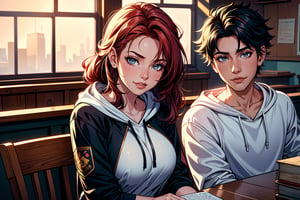 (masterpiece:1.2), best quality, highres,extremely detailed CG,perfect lighting,8k wallpaper, 
anime, comic, game CG,
(2girls:1.4), (1boy: 1.5),  
hoodie, ,school uniform,
short hair, long hair, 
random hair colour, random hair
upper body, Sitting near the table,  
smile, looking at viewer,
indoors, University, chair, paper, books,  
wide-angle, view of front, cinematic lighting 
 ,yuzuriha_maimai