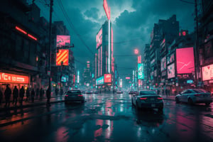 A neon-lit cyberpunk cityscape with rain-soaked streets and holographic billboards, depth of field, bokeh, cinematic, masterpiece, best quality, high resolution