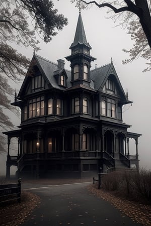 Haunted, Victorian mansion, shrouded in fog, gothic art