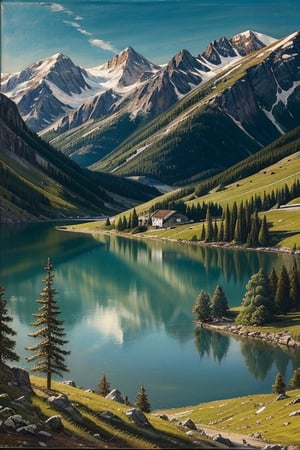 A painting of a mountain landscape, with a lake in the foreground, rendered in a realistic style