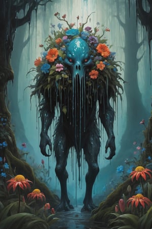 Stylized, intricate, detailed, artistic, dripping paint, massive terrifying creature, flowers, enchanted forest, creepy aesthetic, masterpiece, best quality, high resolution