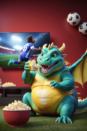 a fantastic 3d-rendered illustration of a cute fat dragon, wearing a soccer jersey, eating a popcorn in front of tv while watching soccer on it, detailed fur, 8k resolution, masterpiece, very realistic, 8k resolution, masterpiece, very realistic, detailed background, depth of field, 3d style