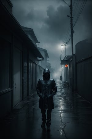 A man standing on the alley in the rain, a picture, dark visor covering face, he is sad, foreboding background, hooded figures, eerie, misty, foggy, blue vibes, depth of field, cinematic