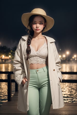 A beautiful Indonesian girl, green eyes, braided hairstyles, small breast, thick thighs, wearing a white shirt and a long coat with intricate pattern detail, loose pants, boater hat, standing in the small lake dock, twilight, rainy, misty, foggy, depth of field, bokeh, cinematic, masterpiece, best quality, high resolution