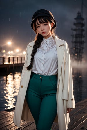 A beautiful Indonesian girl, green eyes, braided hairstyles, small breast, thick thighs, wearing a white shirt and a long coat with intricate pattern detail, loose pants, boater hat, standing in the small lake dock, twilight, rainy, misty, foggy, depth of field, bokeh, cinematic, masterpiece, best quality, high resolution