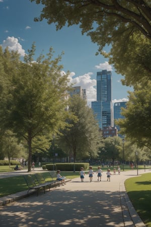 An impressionist city park scene on a sunny day with dappled shade and children playing