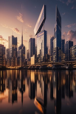 Futuristic, cityscape, reflecting sunset, concept art