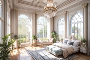 High resolution photography interior design, dreamy sunken bedroom, wooden floor, tall windows opening onto the garden, lots of plants, gothic furniture and decoration, sacred space in the interior high ceiling, beige blue salmon pastel palette, interior design magazine, cozy atmosphere, 8k, intricate detail, photorealistic, realistic light, wide angle, kinkfolk photography, A+D architecture