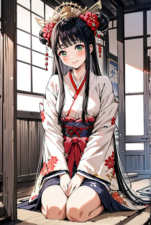 1girl, solo,Aoyagi (Level D),
black hair, long hair,hair bun,
Green Eyes,
medium_breasts, 

kunoichi,
geisha,OIRAN,
hairpin,hair beads,
make up,
Edo(Japanese period),
kimono,indoor,
scenery,night,

knee sitting,seiza,
hands on knees,

smile, blush,


Masterpiece, 4K, ultra detailed, anime style, 
more detail XL, SFW, 
depth of field,
Ink art,