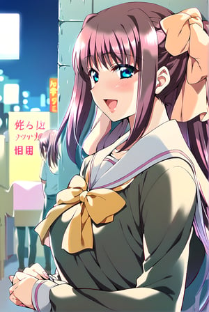 1girl, Nanase Ren (Night Shift Nurses), solo,

school_uniform,gentle girl,

:),laughing,
city,street,walk,

looking_at_viewer,in love with the viewer,
light_blush,

score_9,score_8_up,score_7_up,
source_anime,
socks,loafers,


