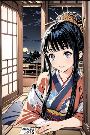 1girl, solo,Aoyagi (Level D),
black hair, long hair,hair bun,
skyblue Eyes,
medium_breasts, 

kunoichi,
geisha,OIRAN,
hairpin,hair beads,
make up,
Edo(Japanese period),
kimono,indoor,
scenery,night,

smile, 


Masterpiece, 4K, ultra detailed, anime style, 
more detail XL, SFW, 
depth of field,
Ink art,