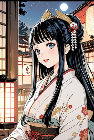 1girl, solo,Aoyagi (Level D),
black hair, long hair,
skyblue Eyes,
medium_breasts, 

kunoichi,
geisha,OIRAN,
hairpin,hair beads,
make up,lipstick,
Edo(Japanese period),
kimono,indoor,
scenery,night,
moon,lantern,


happy,


Masterpiece, 4K, ultra detailed,
anime style, 
more detail XL, SFW, 
depth of field,