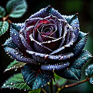 (highres,ultra-detailed,realistic:1.2),black rose,water droplet,macro photography,hyper realistic,velvet petals,breathtakingly beautiful,subtle shadows,crystal clear droplets,delicate dew on leaves,tiny water beads,rich and vibrant colors,exquisite details,intricate textures,dramatic lighting,submerged in darkness,contrasting tones,graceful curves,petal veins,soft focus background,hauntingly elegant,meticulous attention to detail,thorny stems,subtle reflections,on the verge of blossom,fragile beauty,an intimate view into nature's marvels.