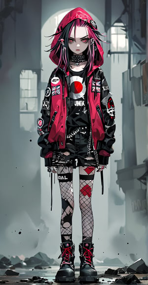 A punk rock version of Little Red Riding Hood, 14, dressed in a rebellious fusion of edgy fashions
(standing:1.2), red hooded cape with torn fishnet accents, adorned with punk-inspired patches and pins. Septum earrings, more calls, ratty dreads, more patches, crust-core, anti-union flag designs, dirty torn studded spike leather jackets, hardcore punk style jackets, lot punk badges, military boots laced up her legs,,Rebellin, Dal,Pink Emo,ct-niji2