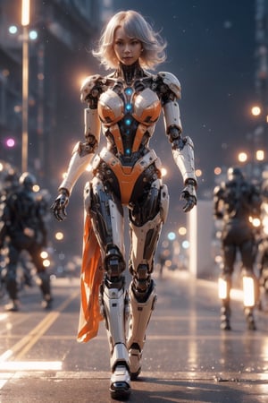 Walking, realistic, Beautiful woman, sexy, busty, platinum hair, orange_body, mecha suit ,more detail, XL,mecha_musume,photorealistic,Mecha body,Enhance,Mecha,cyberpunk,1 girl,weapon