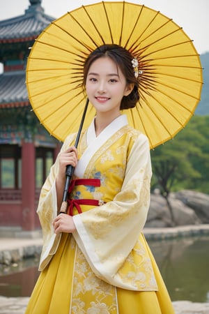 (1 23yo Korean star with royal sister style), ((best quality, 8k, masterpiece: 1.3)), focus: 1.2, perfect body beauty: 1.4, (smile: 1.2), (old palace in korea: 1.5), highly detailed face and skin texture, delicate eyes, dust, full body shot, Distant view,
23-year-old Korean beauty walking by the lakeside with yellow umbrella