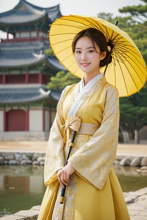 (1 23yo Korean star with royal sister style), ((best quality, 8k, masterpiece: 1.3)), focus: 1.2, perfect body beauty: 1.4, (smile: 1.2), (old palace in korea: 1.5), highly detailed face and skin texture, delicate eyes, dust, full body shot, Distant view,
23-year-old Korean beauty walking by the lakeside with yellow umbrella