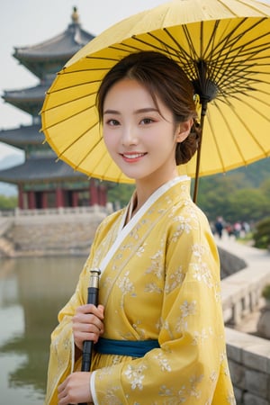 (1 23yo Korean star with royal sister style), ((best quality, 8k, masterpiece: 1.3)), focus: 1.2, perfect body beauty: 1.4, (smile: 1.2), (old palace in korea: 1.5), highly detailed face and skin texture, delicate eyes, dust, full body shot, Distant view,
23-year-old Korean beauty walking by the lakeside with yellow umbrella