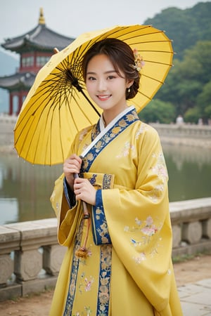 (1 23yo Korean star with royal sister style), ((best quality, 8k, masterpiece: 1.3)), focus: 1.2, perfect body beauty: 1.4, (smile: 1.2), (old palace in korea: 1.5), highly detailed face and skin texture, delicate eyes, dust, full body shot, Distant view,
23-year-old Korean beauty walking by the lakeside with yellow umbrella