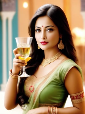 indian lady whith western dress and holding a glass, background is very croudey