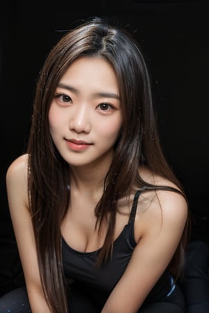 4k,best quality,masterpiece,20yo 1girl,alluring smile, yoga pant, photography, realistic, photo
Taiwanese
(Beautiful and detailed eyes),
Detailed face, detailed eyes, double eyelids ,thin face, real hands,  ((long straight hair with long locks:1.2)), black hair, black background,


real person, color splash style photo,
