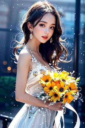 A young woman with wavy brown hair, holding a bouquet of flowers. She is wearing a delicate, translucent white dress and has a soft, pink lipstick on. The flowers she holds are predominantly white with yellow centers, and they appear to be poppies. The background is a soft, muted blue, which contrasts with her skin tone and the white of her dress, making her the focal point of the image.,JeeSoo 
