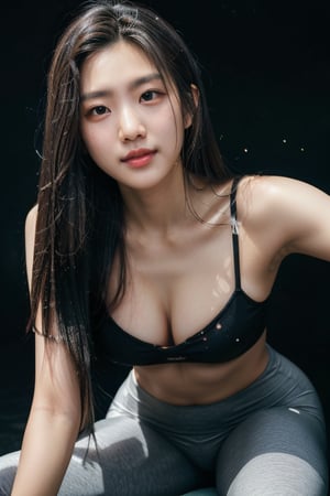 4k,best quality,masterpiece,20yo 1girl,alluring smile, yoga pant, photography, realistic, photo
Taiwanese
(Beautiful and detailed eyes),
Detailed face, detailed eyes, double eyelids ,thin face, real hands,  ((long straight hair with long locks:1.2)), black hair, black background,


real person, color splash style photo,
