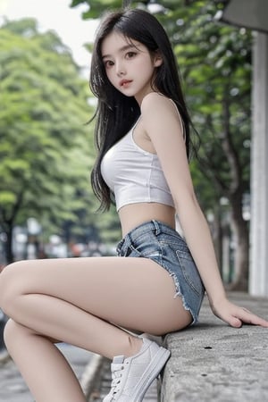 A Thin and plumpstunning young woman gazes directly into the camera lens, Close-up shot,gaze.score_9,score_8_up,score_7_up, 1girl, solo, long hair, shirt, black hair, sitting, Upper half short that you can see the lower part of the snow-white breasts white shirt, outdoors, shoes, midriff, Short enough to reveal a small part of the buttocks short pants, blurry, legs, tank top, denim, sneakers, white tank top, photo background,tashan shorts